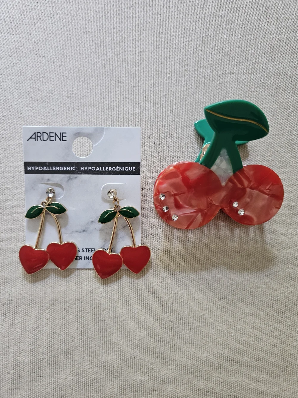 NWT Ardene Cherry Rhinestone Earrings and NEW Cherry Rhinestone Hair Clip